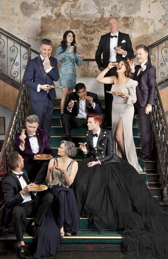 Wil Anderson, Hughesy, Joel Creasey, Tommy Little, Dilruk Jayasinha, Judith Lucy, Anne Edmonds, Tom Gleeson, Becky Lucas, Rhys Nicholson, in black tie finery in a rock ‘n roll setting (Espy) with comedy heritage. Picture: Nicole Cleary