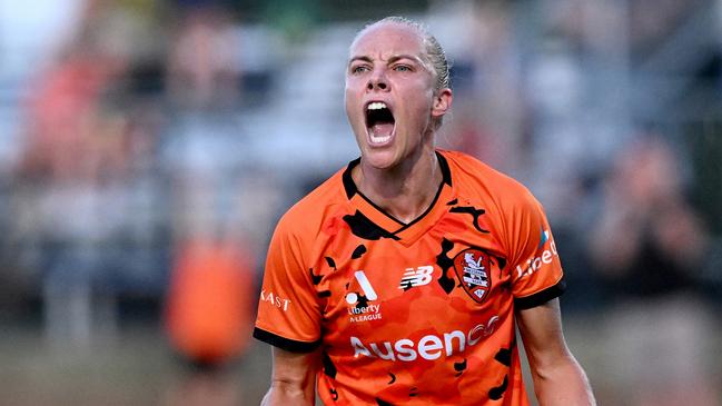 BRISBANE, AUSTRALIA - MARCH 02: Tameka Yallop of the Roar celebrates after scoring a goal during the A-League Women round 18 match between Brisbane Roar and Melbourne City at Perry Park, on March 02, 2024, in Brisbane, Australia. (Photo by Bradley Kanaris/Getty Images)