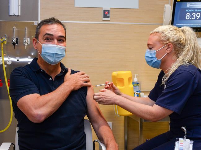 Premier Steven Marshall gets his second vaccine from Registered Nurse Kristy Knight at the RAH, Monday March 15, 2021. Picture: Brenton Edwards