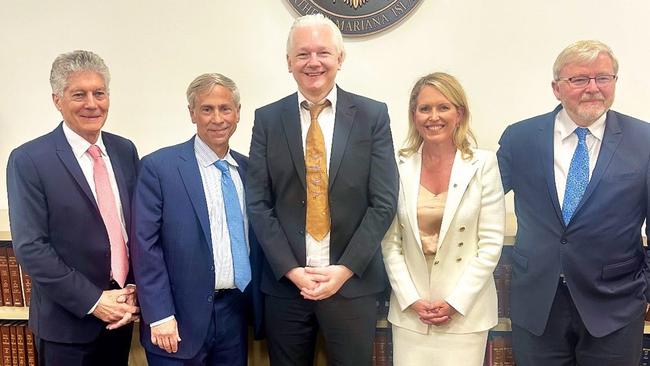 A photograph posted by Jennifer Robinson (second from right), a member of the WikiLeaks legal team, along with (from left) UK high commissioner Stephen Smith, lawyer Barry Pollack, Julian Assange and Australian ambassador to Washington Kevin Rudd. Picture: Instagram