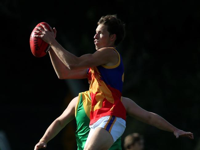 Cohen Howell of Mulgrave marks during the EFL Division 2 football match between Bayswater and Mulgrave played at Bayswater Oval on Saturday 14th May, 2016. Picture: Mark Dadswell