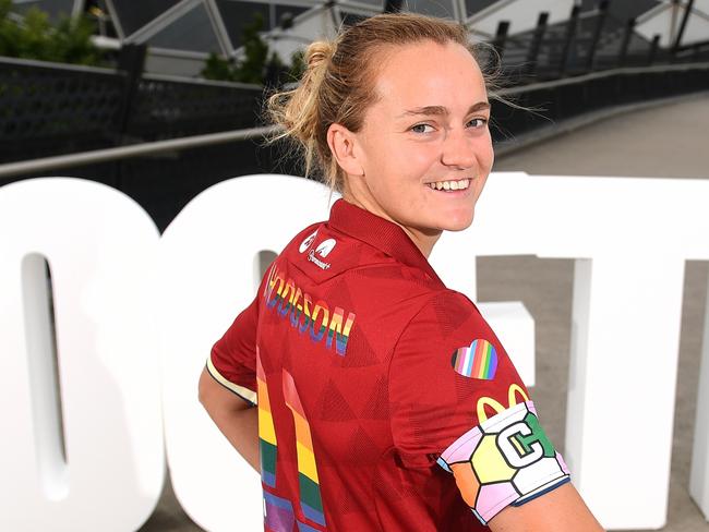 MELBOURNE, AUSTRALIA - JANUARY 30: Isabel Hodgson of Adelaide United poses during a media opportunity launching the A-Leagues pride round at AAMI Park on January 30, 2023 in Melbourne, Australia. (Photo by Morgan Hancock/Getty Images)