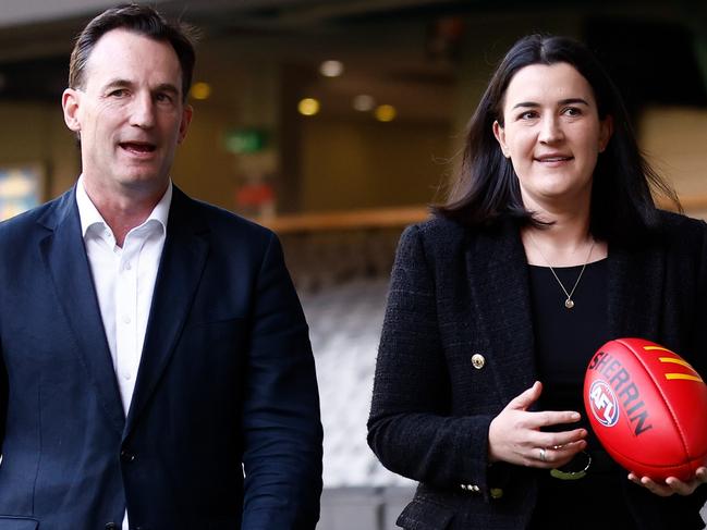 MELBOURNE, AUSTRALIA - AUGUST 28: Incoming AFL Chief Executive Andrew Dillon and newly appointed AFL Executive General Manager Football Laura Kane are seen during an AFL Media Opportunity at Marvel Stadium on August 28, 2023 in Melbourne, Australia. (Photo by Michael Willson/AFL Photos via Getty Images)