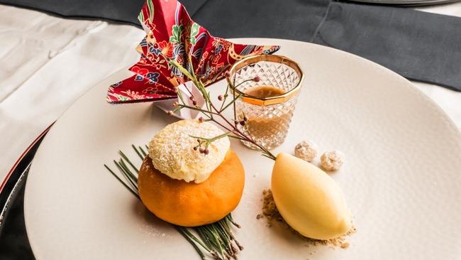 Mandarin pudding and sorbet, hazelnuts, caramel at Yuki in Burnside.