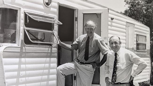 Deputy Prime Minister Doug Anthony with Tim Fisher at the "Prime Ministerial caravan" where Mr Anthony ran the country while on holiday at New Brighton. Picture: supplied