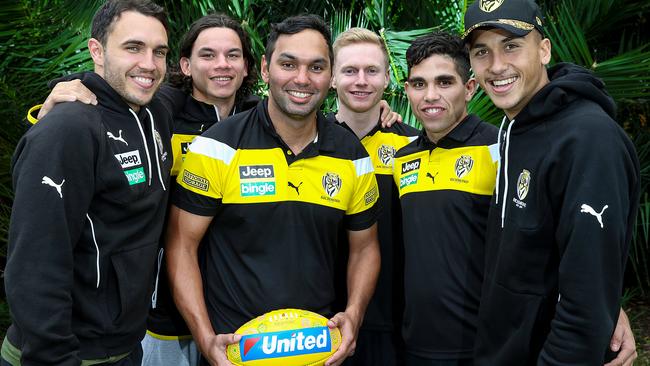 Tigers assistant coach Xavier Clarke with Richmond’s indigenous players Shane Edwards, Daniel Rioli, Nathan Drummond, Tyson Stengle and Shai Bolton. Picture: Ian Currie