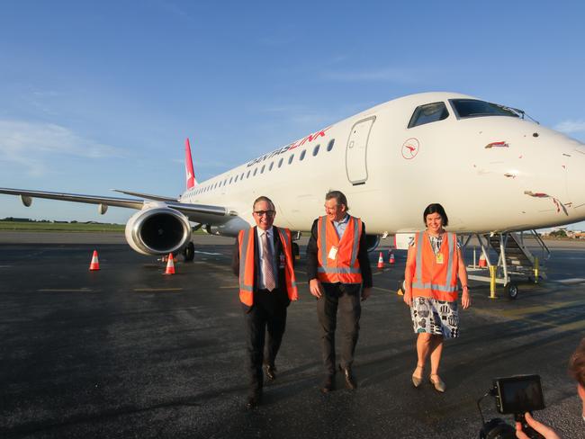 Qantas chief executive Alan Joyce, then NT Chief Minister Michael Gunner and then Tourism Minister Natasha Fyles met in February ahead of an announcement of new routes out of Darwin. Picture: Glenn Campbell