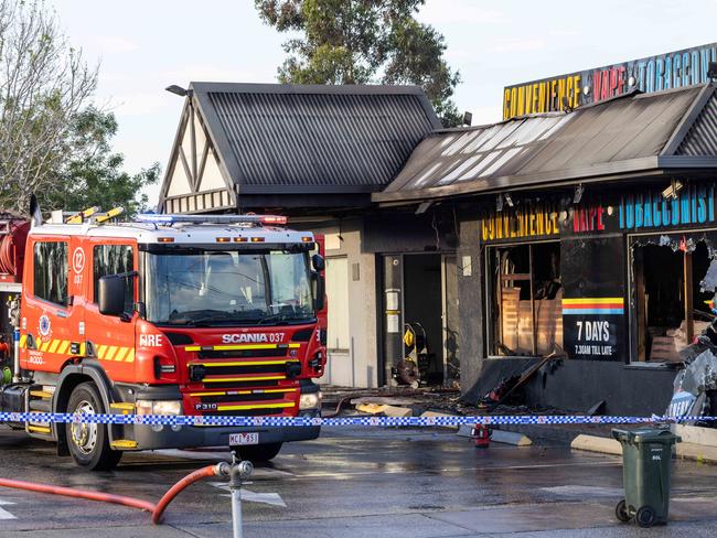 A fire in a tobacconist convenience store over night on St Georges road Thornbury, fire fighters and police on site. Picture: Jason Edwards