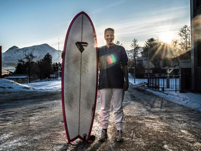 Haege Cecilie Forfang, 28, a physical therapist at the hospital in Ballstad, poses on March 9, 2018, northern Norway, Lofoten islands, within Arctic Circle. Haege Cecilie Forfang, 28, a physical therapist at the hospital in Ballstad “Surfing for me is a way to explore nature and sit in the water, watch as the seasons change, from the midnight sun to the cold and dark winter. I came here from my job from Stavanger (south-west of Norway), I was supposed to spend three months and I’ve been here five years. I’m not going back. In winter, surfing doesn’t seem like the thing to do but we still want to do it because it’s so good. The water isn’t that cold, the changing part is the coldest part. Being out there, it surprises me every time, it’s not that hard and not that cold. Only your face is freezing but it’s still a good feeling, you’re alive!”. Picture: AFP