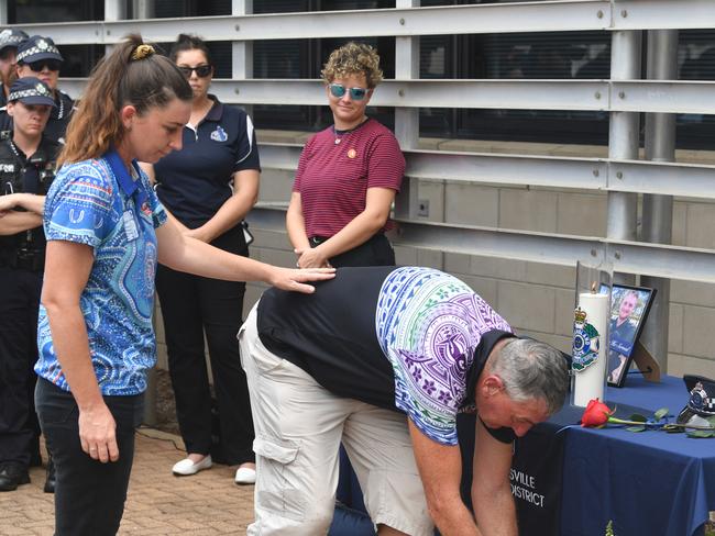 Memorial police service for Constable Matthew Arnold and Constable Rachel McCrow at Townsville Police Station. Deanna Widdison and Murray Holm from Queensland Youth Services DriveIt. Picture: Evan Morgan