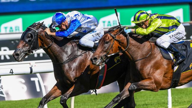 Jockey Blake Shinn (left) riding Sir Charles Road to win the Schweppes Chairman’s Quality, during The Championships at Royal Randwick. Picture: AAP