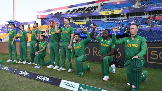 The South African players take the knee ahead of their T20 World Cup match. Picture: Getty Images