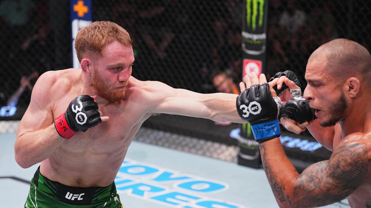 LAS VEGAS, NEVADA - JULY 15: In this handout image provided by UFC, (L-R) Jack Della Maddalena of Australia punches Bassil Hafez in their welterweight fight during the UFC Fight Night at UFC APEX on July 15, 2023 in Las Vegas, Nevada. (Photo by Jeff Bottari/Zuffa LLC via Getty Images)