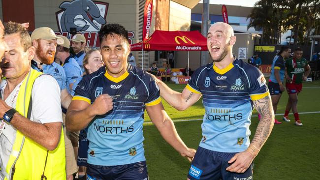 Michael Molo and Jack Ahearn celebrate the Premiership Picture: Richard Walker