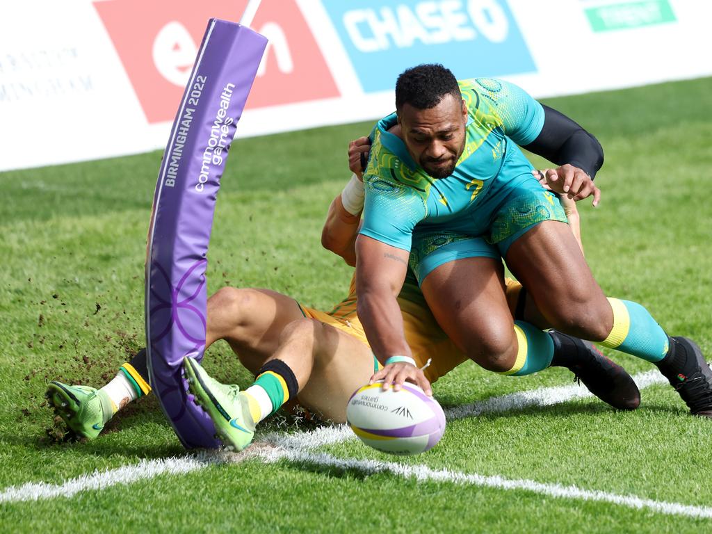 Samu Kerevi scores for Australia’s Rugby Sevens team at the Commonwealth Games. Picture: Matthew Lewis/Getty Images