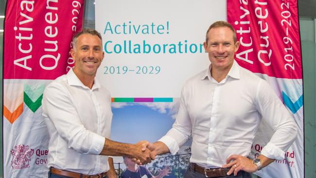 Surfing Queensland CEO Adam Yates with former Queensland Minister for Sport Mick de Brenni at announcement of partnership on Gold Coast on February 11, 2020. Photo: Ben Stagg