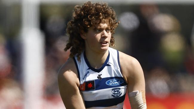 Nina Morrison of Geelong runs with the ball during the round seven AFLW match between the Essendon Bombers and the Geelong Cats at Reid Oval on October 09, 2022 in Warrnambool, Australia. (Photo by Darrian Traynor/AFL Photos/via Getty Images)