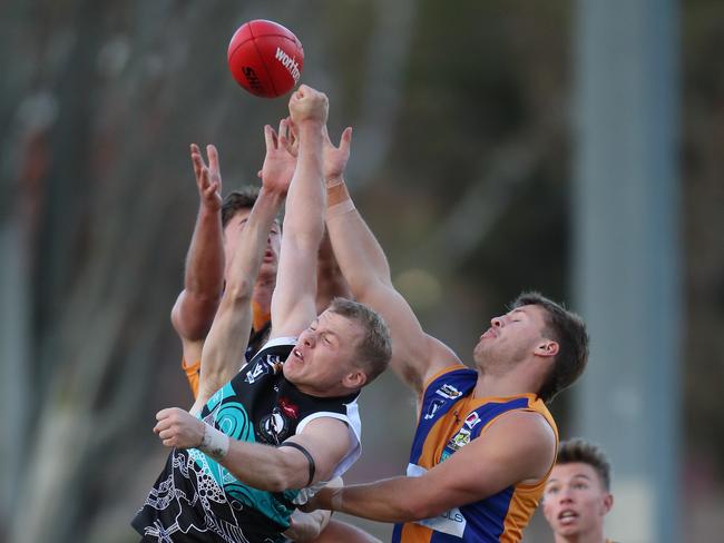 Bendigo FNL, Round 7, Maryborough V Golden Square, at Princes Park, Maryborough, Kirk Looby, 9, Coby Perry,. 4, (C),   Maryborough Magpies   & Brodie James, 28, Liam Thomas, 21,   Golden Square Bulldogs,   Picture Yuri Kouzmin