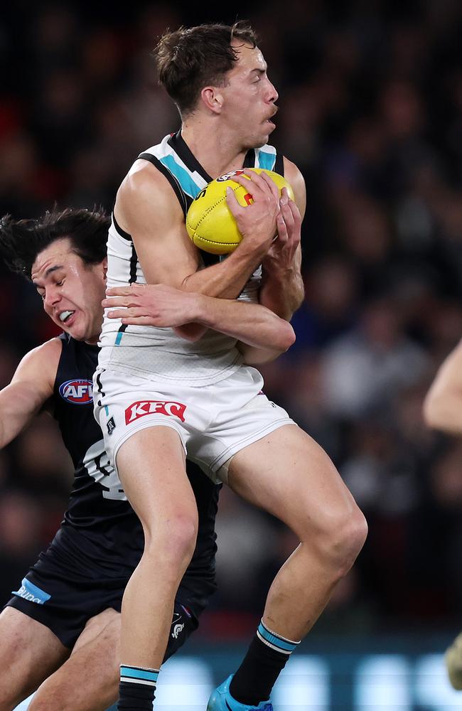 Francis Evans marking for Port Adelaide. Picture: Mark Stewart