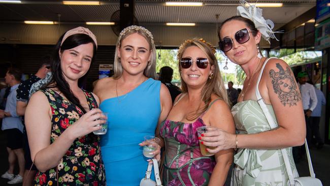 Stephanie Darben, Zoe Ross, Jess Cammarano and Cassie Gaston at the 2024 Darwin Cup. Picture: Pema Tamang Pakhrin