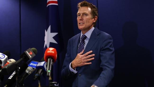 Attorney-General Christian Porter speaks to the media in March, at a press conference where he confirmed he was accused of rape. Picture: Paul Kane/Getty Images