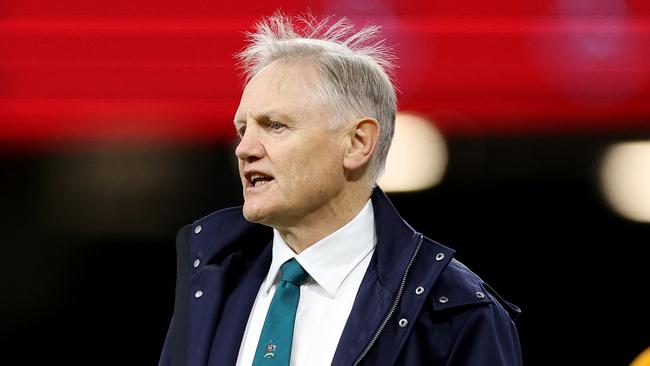 CARDIFF, WALES - NOVEMBER 17: Joe Schmidt, Head Coach of Australia, looks on as players of Australia warm up prior to the Autumn Nations Series 2024 match between Wales and Australia at the Principality Stadium on November 17, 2024 in Cardiff, Wales. (Photo by Michael Steele/Getty Images)