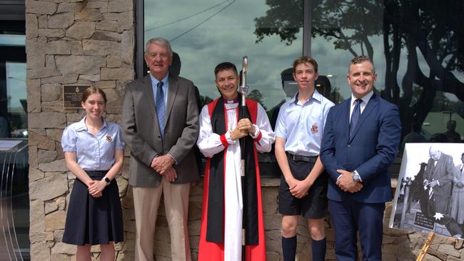 Mehar Fegan (head girl) Mac Drysdale,  (Chair of School Council), Most Reverend Jeremy Greaves (Archbisop of Brisbane), Dominic Faggotter, (head boy) and Simon Lees (Head of School) Toowoomba Anglican School opens Connal Building. Friday, March 15, 2024. Picture: Christine Schindler