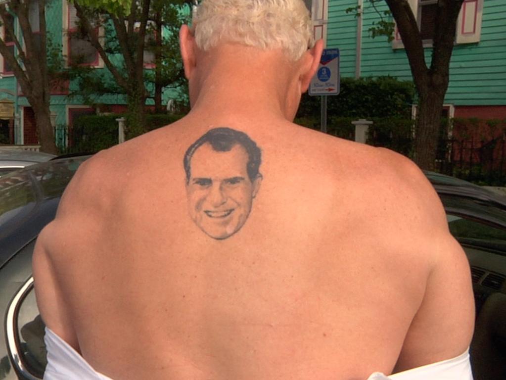 Roger Stone in the film, Get Me Roger Stone, shows off his Richard Nixon tattoo. Picture: Supplied