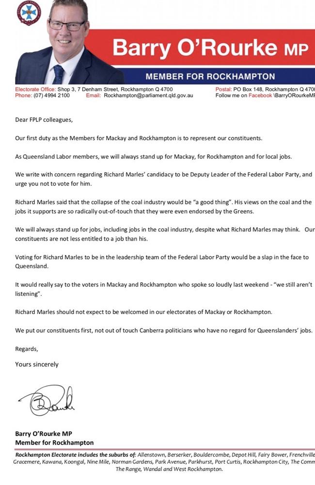 Barry O’Rourke’s letter to federal counterparts urging them not to vote for Richard Marles.