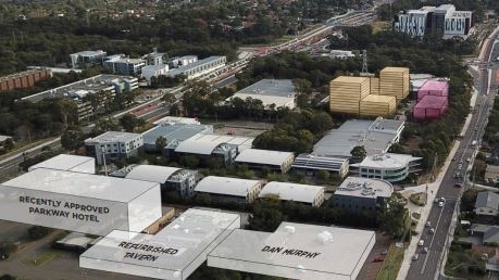 What Frenchs Forest could look like if the $60m 133-unit development for seniors at 5 Skyline Place, Frenchs Forest, is approved. The proposed site is coloured yellow. The red buildings are for more units for seniors already approved. Picture: Supplied.