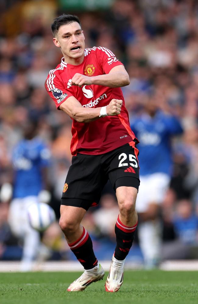 Manuel Ugarte celebrates scoring Manchester United's second goal against Everton at Goodison Park. Picture: Getty Images