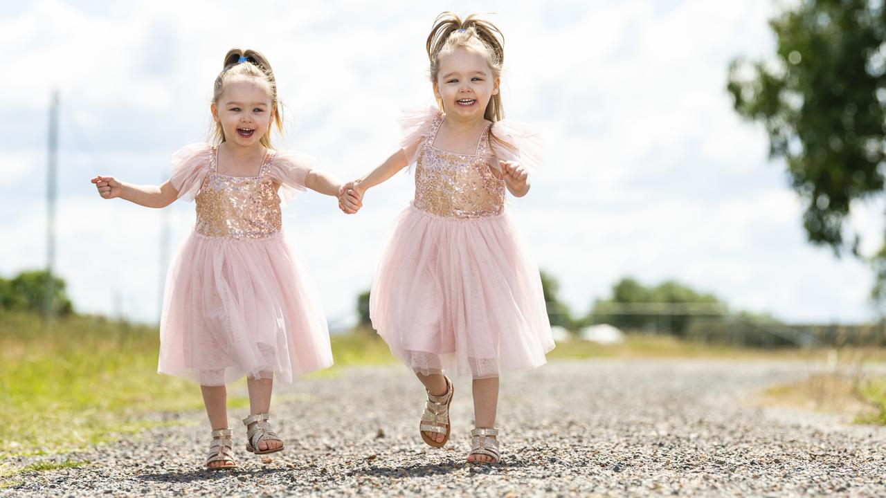 Twins Ava (left) and Isla Davis-Cook have been named as Toowomba's cutest toddlers according to readers of The Chronicle, Saturday, April 2, 2022. Picture: Kevin Farmer