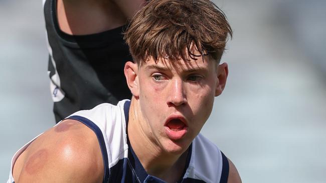 GEELONG, AUSTRALIA - SEPTEMBER 07: Connor O'Sullivan of the Cats in action during the 2024 VFL First Semi Final match between the Geelong Cats and Southport Sharks at GMHBA Stadium on September 07, 2024 in Geelong, Australia. (Photo by Rob Lawson/AFL Photos)