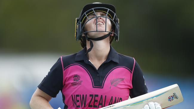 MELBOURNE, AUSTRALIA - FEBRUARY 27: Katey Martin of New Zealand reacts after being dismissed by Radha Yadav of India during the ICC Women's T20 Cricket World Cup match between India and New Zealand at Junction Oval on February 27, 2020 in Melbourne, Australia. (Photo by Daniel Pockett/Getty Images)