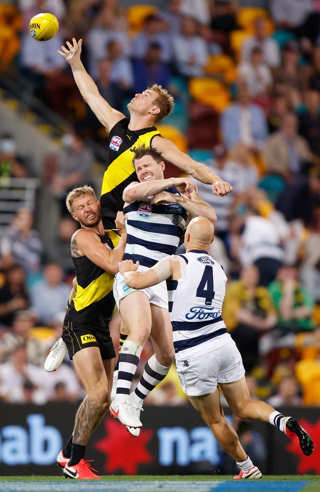 David Astbury and Patrick Dangerfield compete for the ball. Picture: Getty