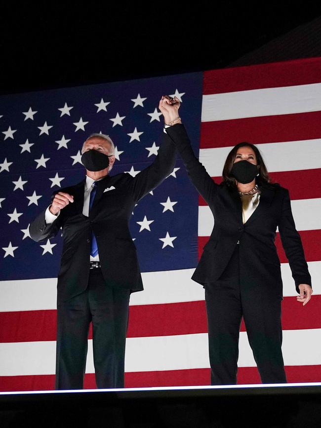 Biden and Kamala Harris greet supporters outside the Chase Center. Picture: AFP