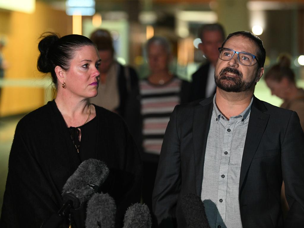 Parents Michael and Kerry-Lin Stewart talk outside the Brisbane Supreme Court, after a teenager was found guilty of manslaughter for stabbing their son outside his home on the Sunshine Coast. Picture: Lyndon Mechielsen/Courier Mail