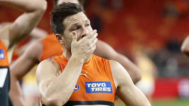 Dejected Toby Greene during the AFL Semi Final match between the GWS Giants and Brisbane Lions at Engie Stadium on September 14, 2024. Photo by Phil Hillyard(Image Supplied for Editorial Use only - **NO ON SALES** - Â©Phil Hillyard )