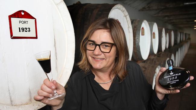 Seppeltsfield's chief winemaker Fiona Donald with the 1923 100 Year Old Para Vintage Tawny. Picture: Dean Martin