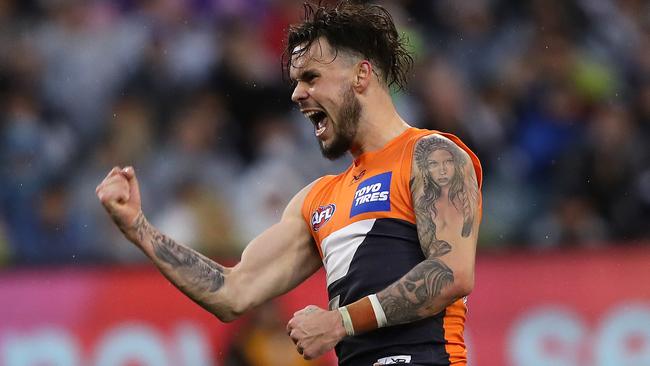 Zac Williams celebrates a goal in the preliminary final win. Picture: Phil Hillyard