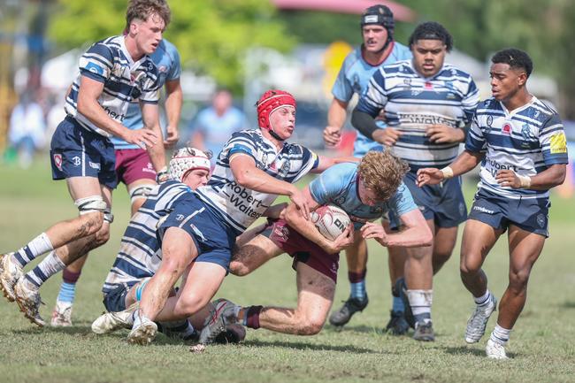 Norths captain Callum Reidy is brought to ground. Colts Rugby Union, Norths V Brothers Rugby Union, played at Norths. Saturday April 26, 2025