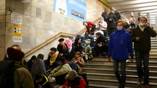 People take shelter in a metro station in Kyiv, Ukraine on Thursday night. Picture: VIACHESLAV RATYNSKYI/Anadolu Agency via Getty Images