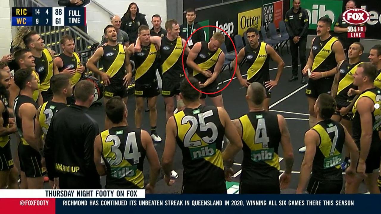 Richmond has explained what Nick Vlastuin was doing during the team song after Thursday night's win over West Coast.