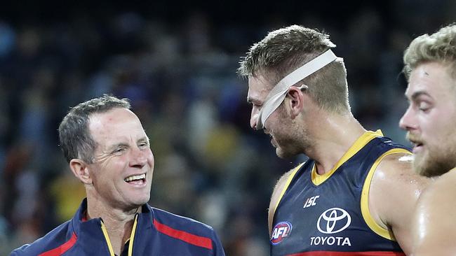 After a poor 1-3 start, Adelaide has put together four consecutive wins — including a tough Showdown triumph — with Crows coach Don Pyke, left, proving his new defence-loaded playbook is the way to score success in the AFL this season. Picture: Sarah Reed