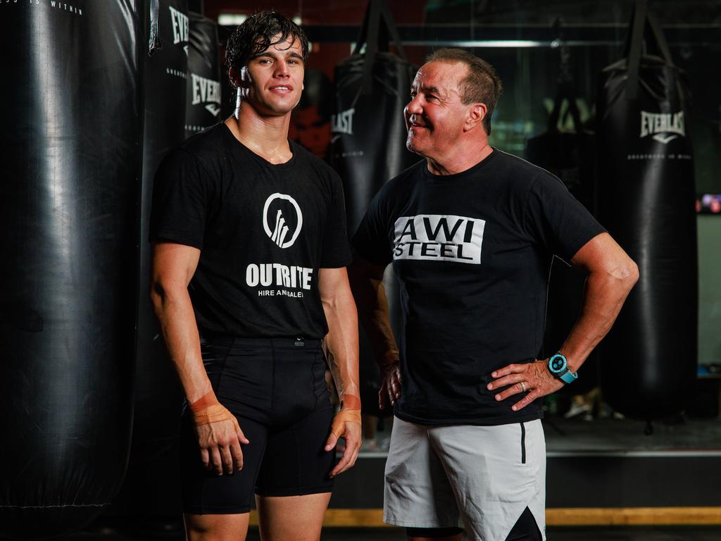 We’re back: Sydney boxer Brock Jarvis and trainer Jeff Fenech, at Bodypunch Gym, at Lakemba. Picture: Justin Lloyd.