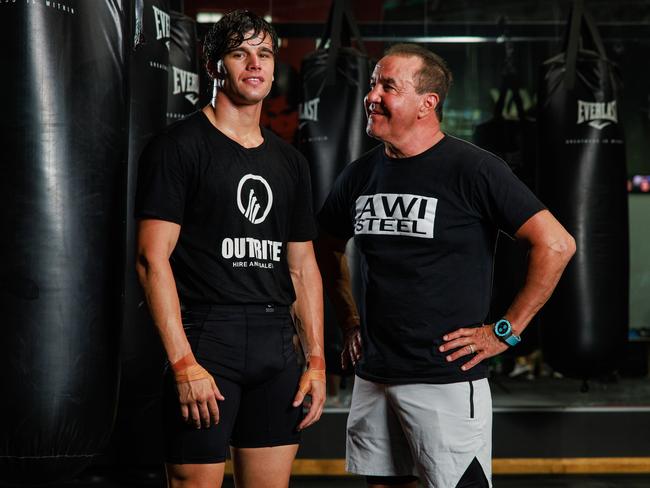 We’re back: Sydney boxer Brock Jarvis and trainer Jeff Fenech, at Bodypunch Gym, at Lakemba. Picture: Justin Lloyd.