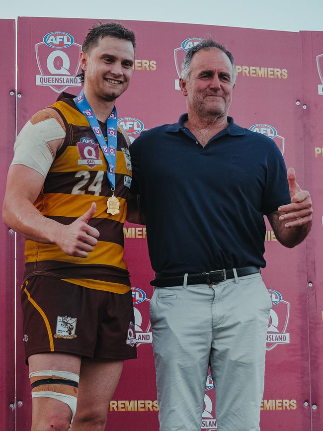 Liam Dawson of Aspley Hornets won the Joe Grant Medal for the League best on ground award for the QAFL grand final. Picture: Clyde Scorgie