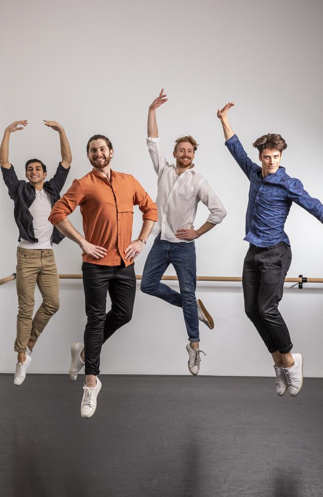 Queensland Ballet dancers Mali Comlekci, Alex Idaszak, Ari Thompson and Vito Bernasconi. Picture: Mark Cranitch