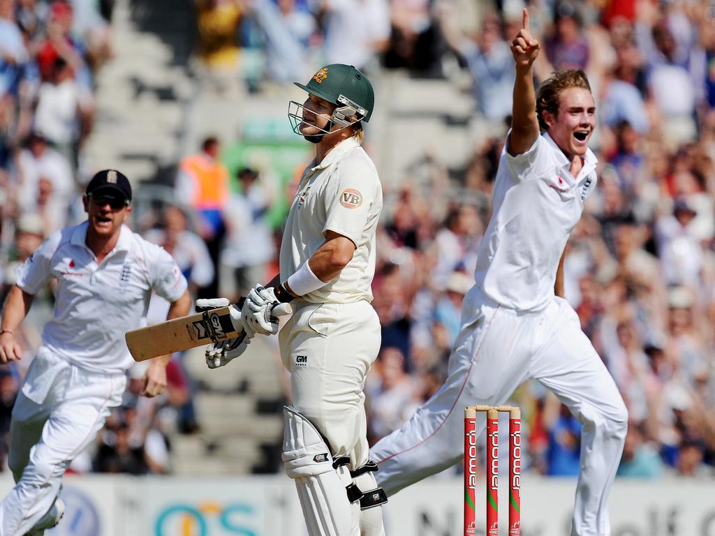 Broad celebrates claiming Shane Watson’s wicket in the Fifth Test of the 2009 series.