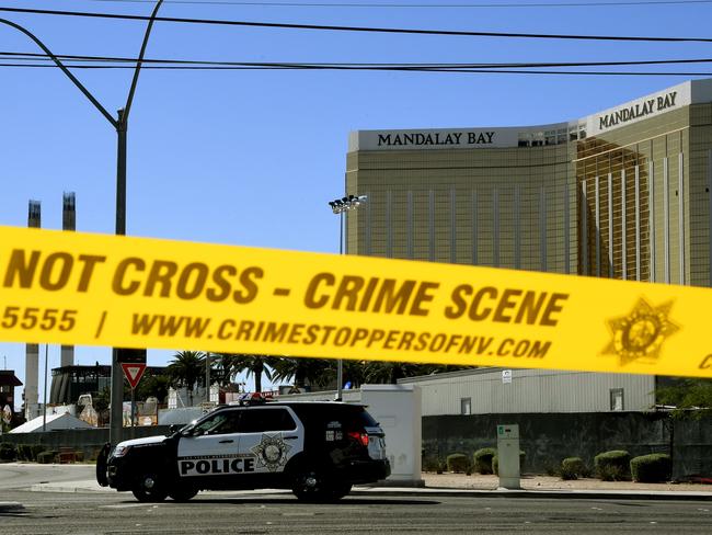 Crime scene tape surrounds the Mandalay Hotel. Picture: AFP